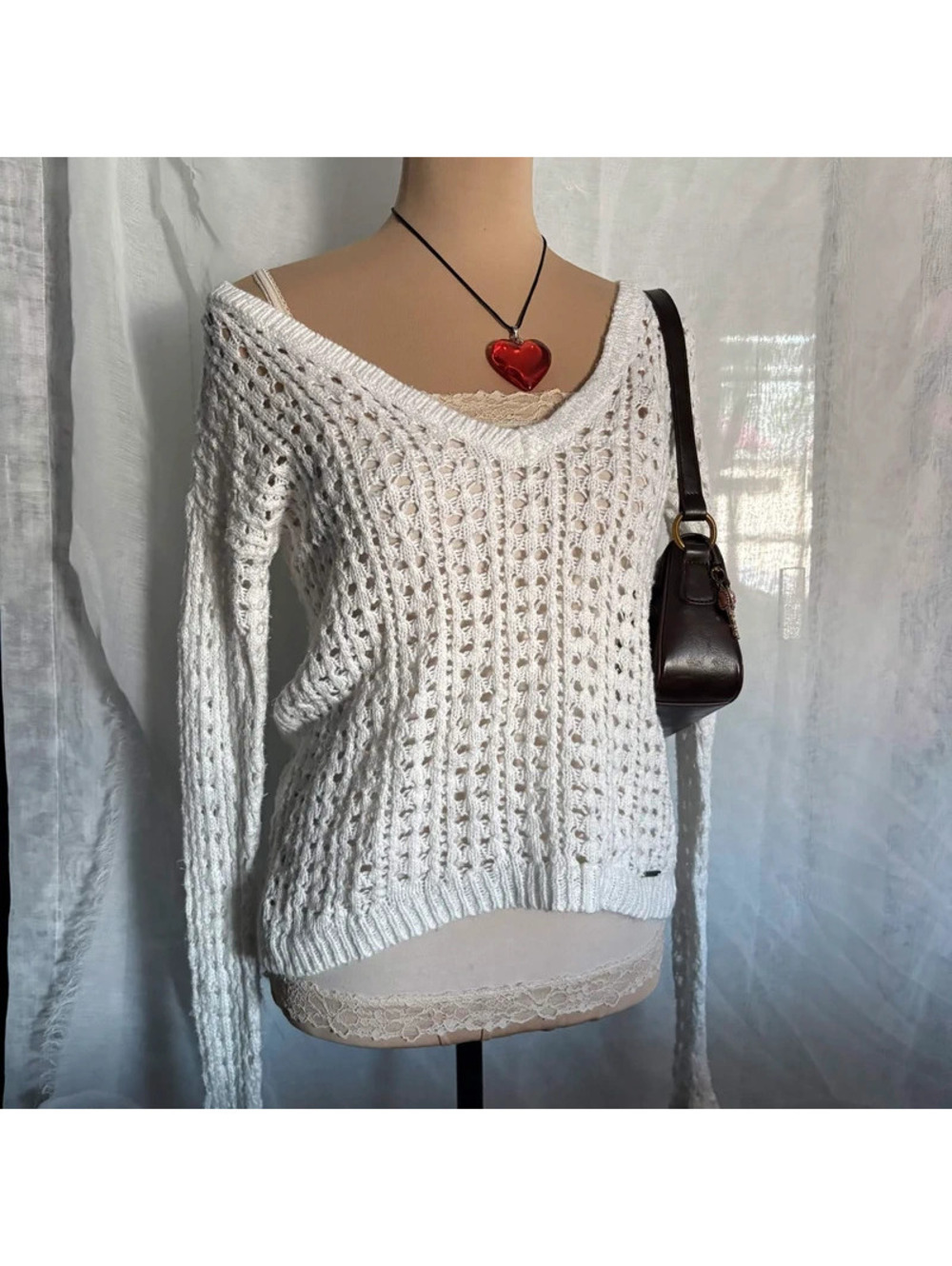 cream y2k hollister crochet sweater